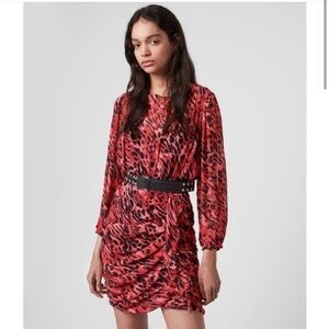 All Saints Barre Ambient Ruffled Long Sleeve Mini Dress in Red Leopard Print 10